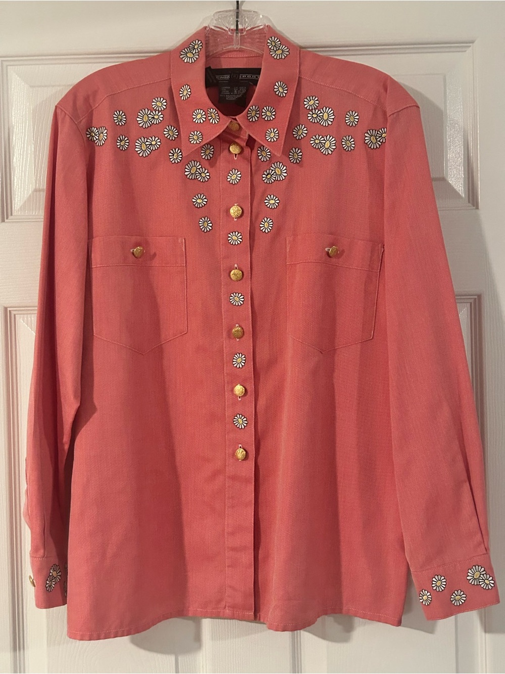 Escada Sport Vintage Cotton Pink Embroidered Daisy Western Shirt Blouse
